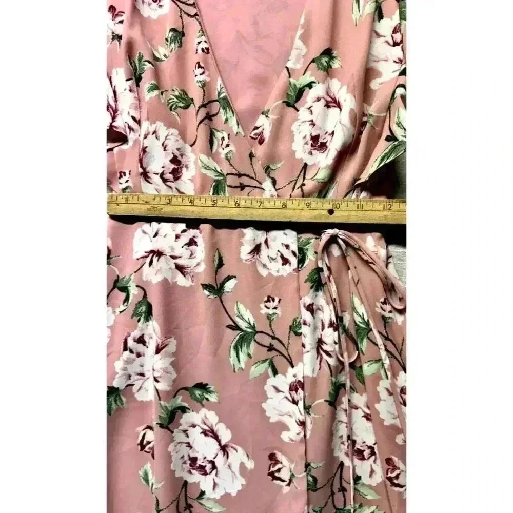 Charles Henry Floral Wrap‎ Dress Size Small Pink Lined Short Flutter Sleeves